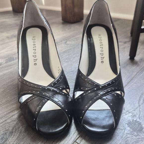 Apostrophe Shoes - Apostrophe Black Leather Peep Toe Heels - Perforated Detail - 7.5M